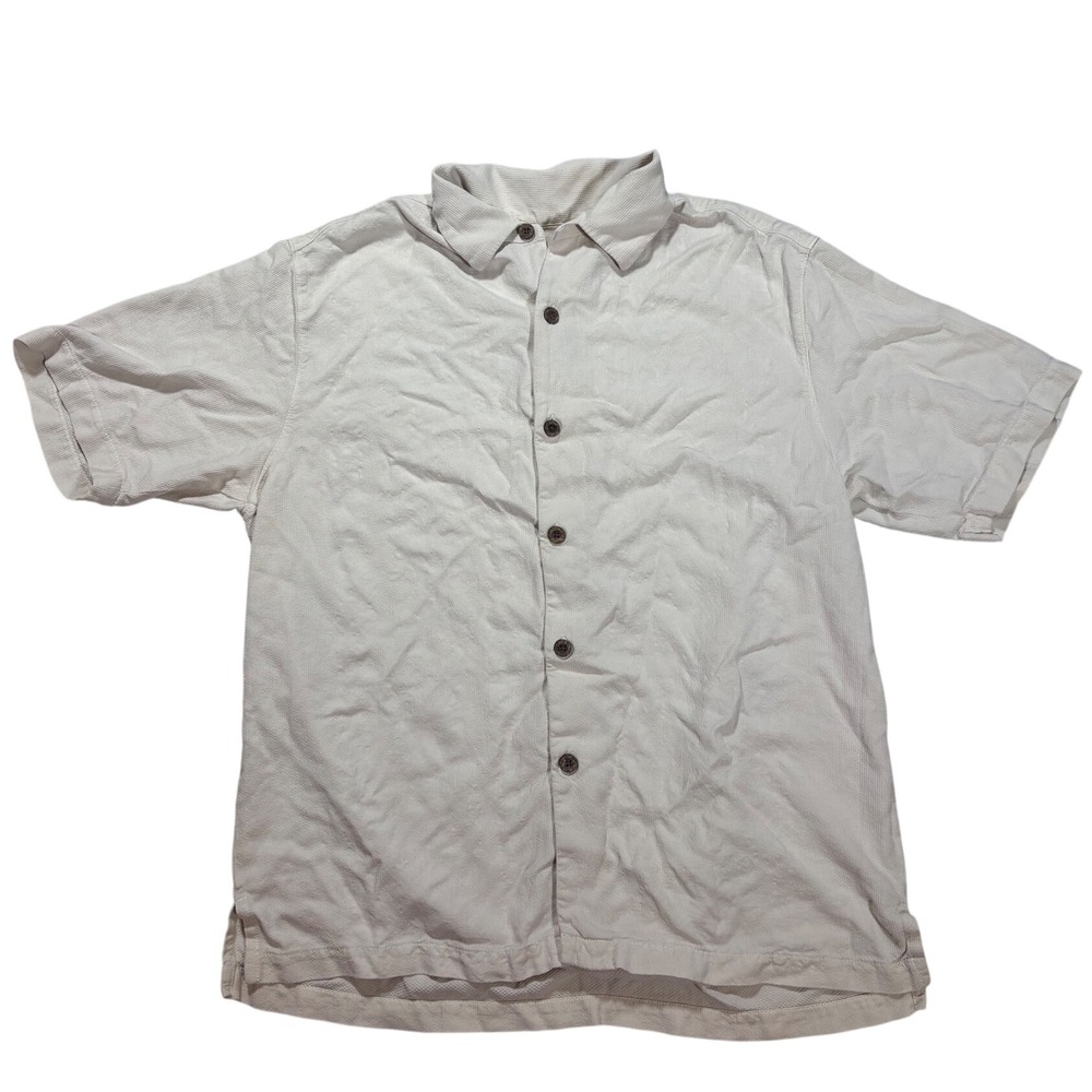 Tommy Bahama Mens Large 100% Silk Short Sleeve Button Down Shirt Textured Beige